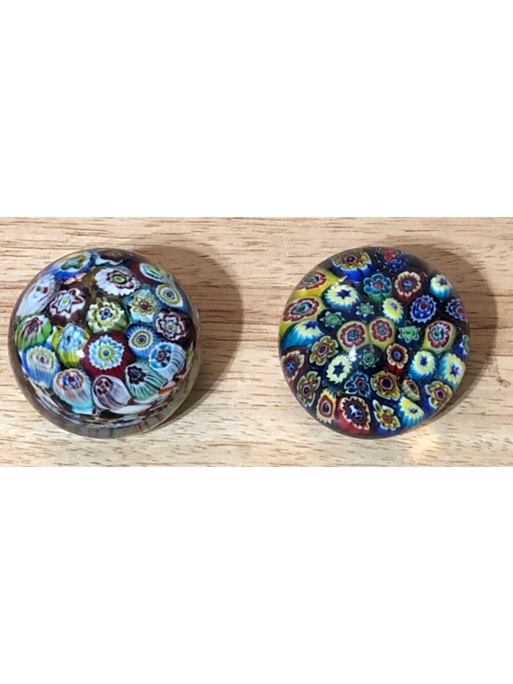 Handmade Millefiori Glass Paperweights Set Of 2 Clear Domed Floral Art Glass